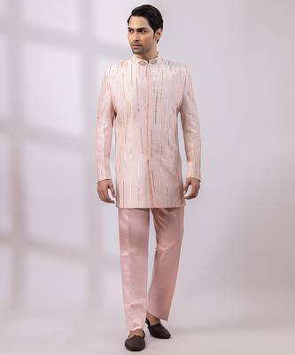 Blush pink embroidered linen satin bandhgala and pant 3