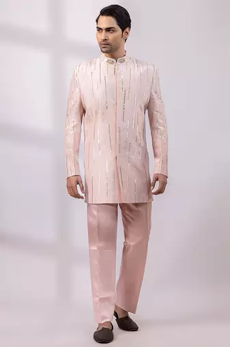 Blush pink embroidered linen satin bandhgala and pant