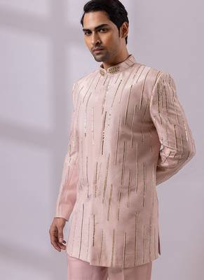 Blush pink embroidered linen satin bandhgala and pant 4