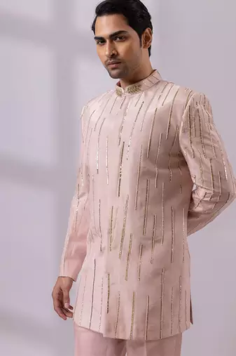 Blush pink embroidered linen satin bandhgala and pant