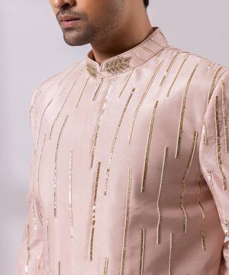 Blush pink embroidered linen satin bandhgala and pant 5