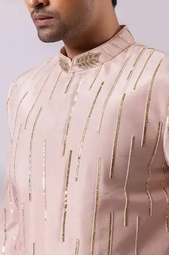 Blush pink embroidered linen satin bandhgala and pant