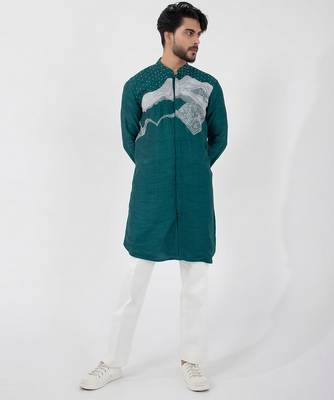 Teal blue embroidered cotton khadi mulmul kurta set 1