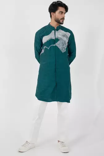 Teal blue embroidered cotton khadi mulmul kurta set