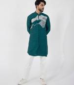 Teal blue embroidered cotton khadi mulmul kurta set
