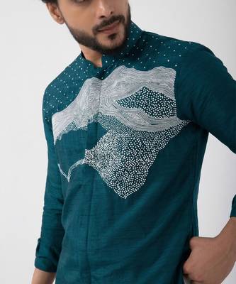Teal blue embroidered cotton khadi mulmul kurta set 2