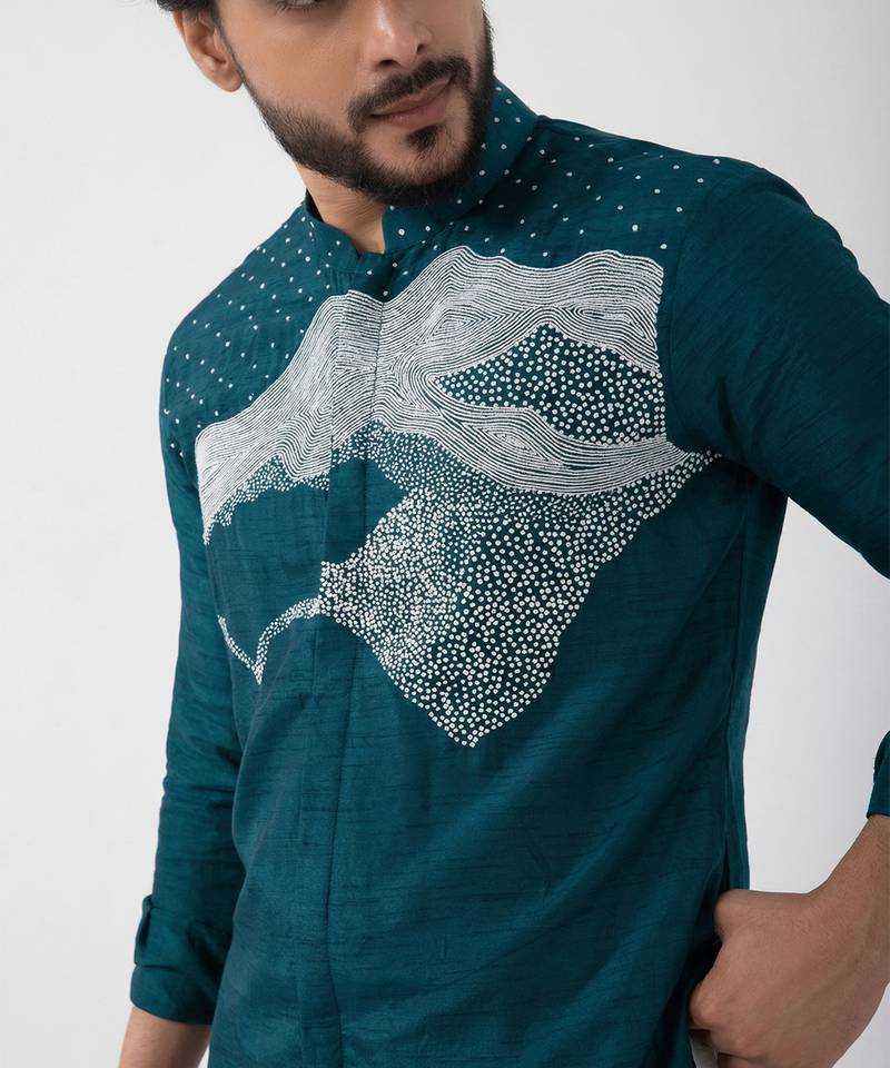Teal blue embroidered cotton khadi mulmul kurta set