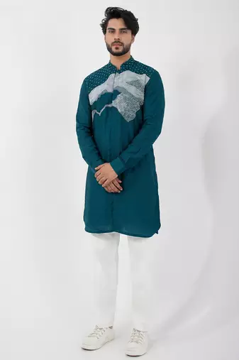Teal blue embroidered cotton khadi mulmul kurta set