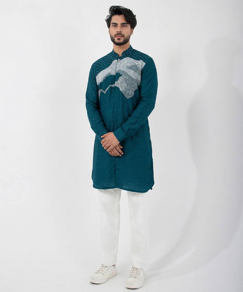 Teal blue embroidered cotton khadi mulmul kurta set