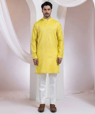 Yellow embroidered chanderi silk kurta set 1