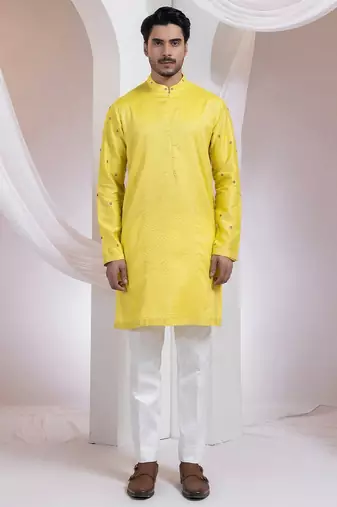 Yellow embroidered chanderi silk kurta set