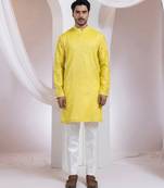 Yellow embroidered chanderi silk kurta set