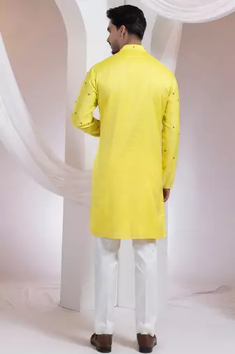 Yellow embroidered chanderi silk kurta set