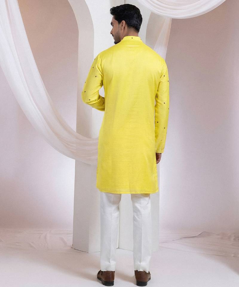 Yellow embroidered chanderi silk kurta set