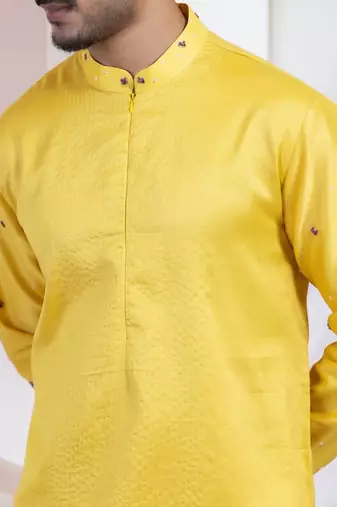 Yellow embroidered chanderi silk kurta set