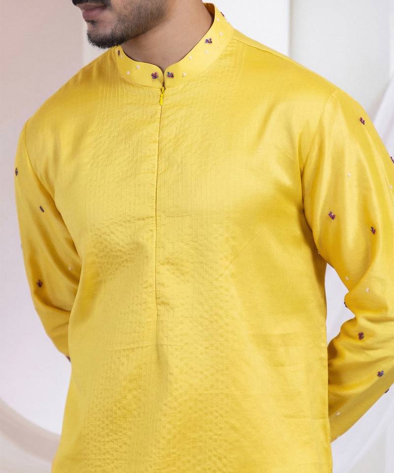 Yellow embroidered chanderi silk kurta set
