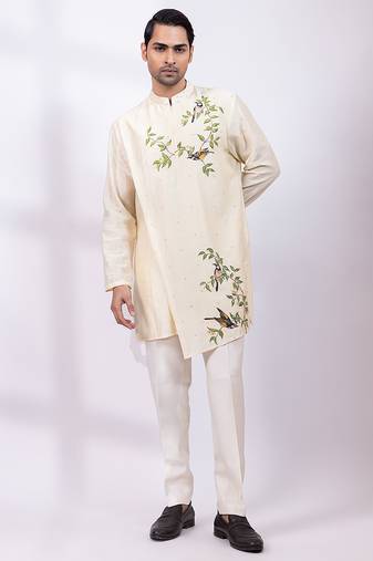 Off white embroidered chanderi silk kurta set