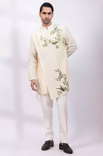 Off white embroidered chanderi silk kurta set
