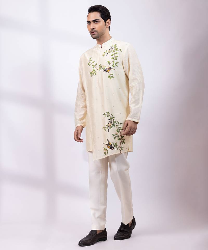 Off white embroidered chanderi silk kurta set