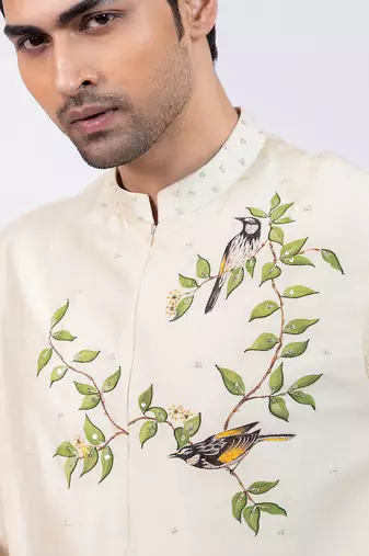Off white embroidered chanderi silk kurta set