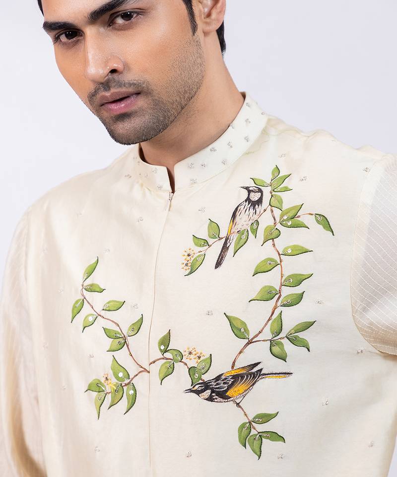 Off white embroidered chanderi silk kurta set