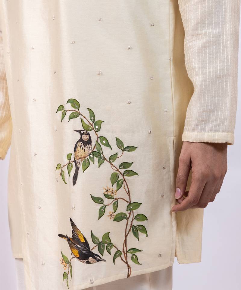 Off white embroidered chanderi silk kurta set