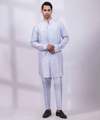 Powder blue embroidered silk kurta set 1