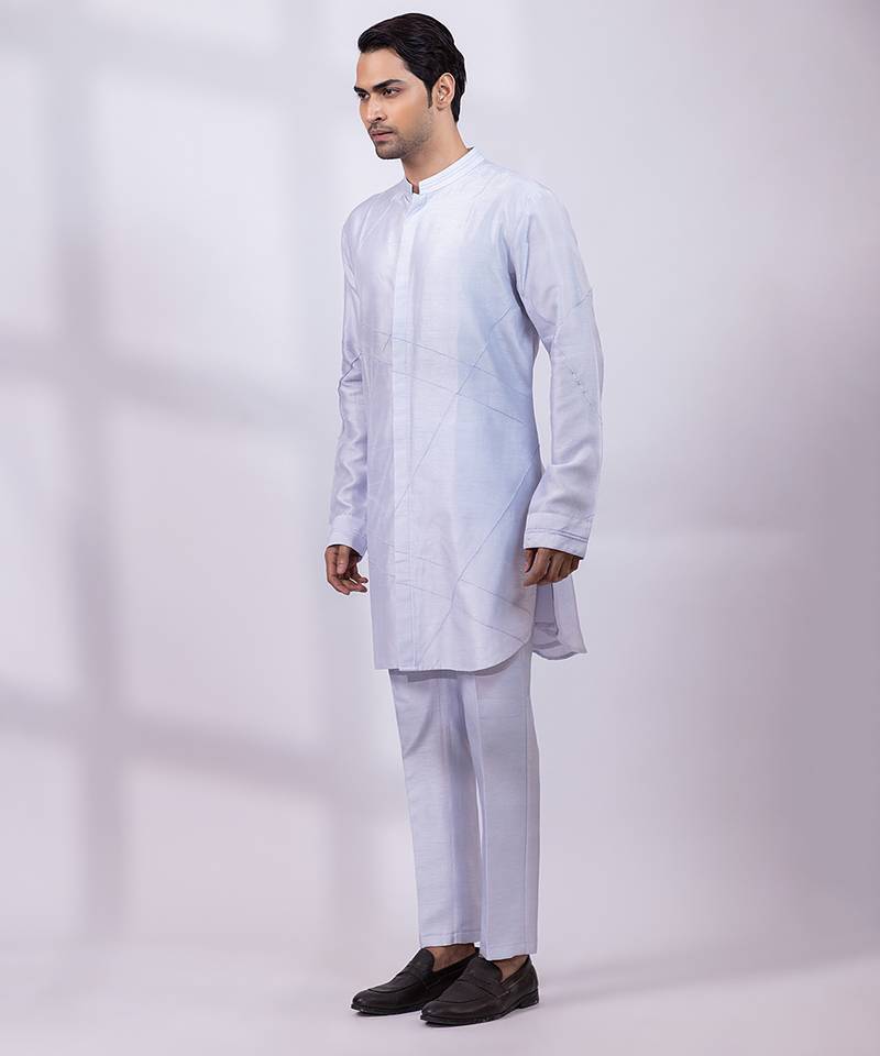 Powder blue embroidered silk kurta set