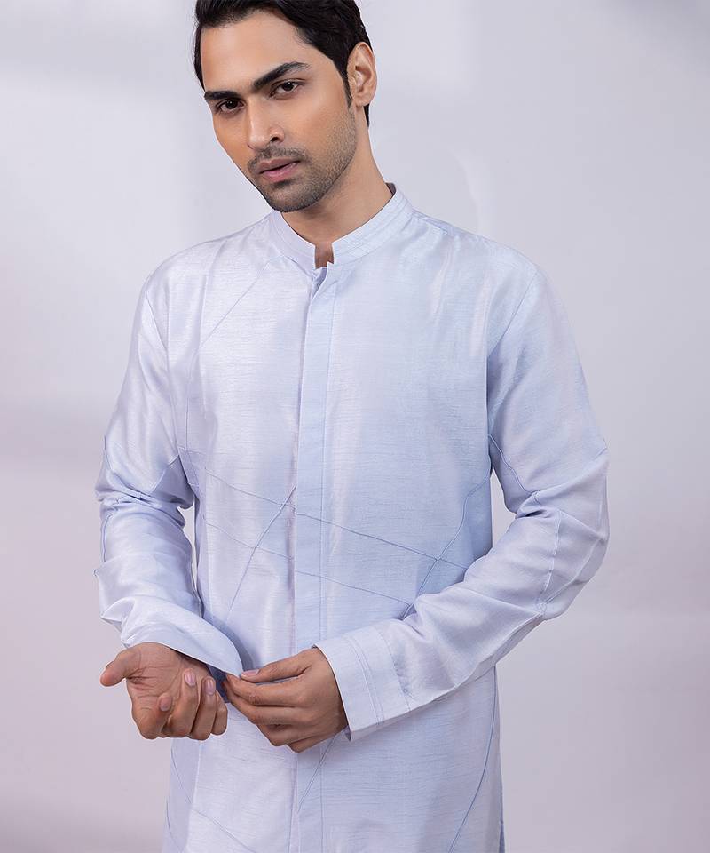 Powder blue embroidered silk kurta set
