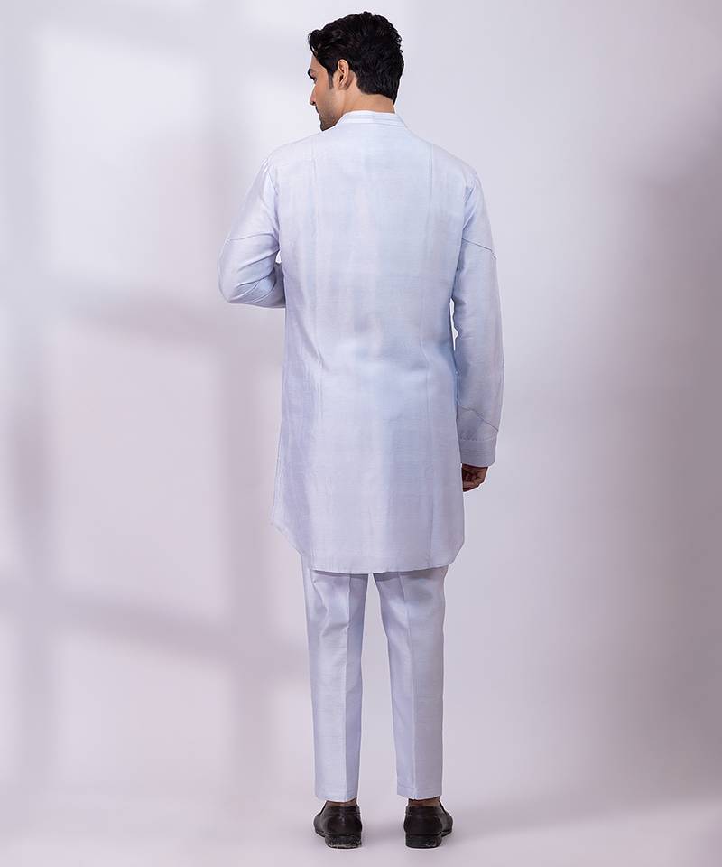Powder blue embroidered silk kurta set
