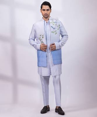 Powder blue ombre embroidered silk nehru jacket 1