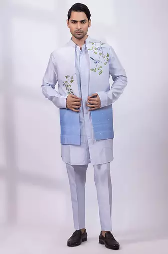 Powder blue ombre embroidered silk nehru jacket