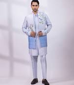 Powder blue ombre embroidered silk nehru jacket