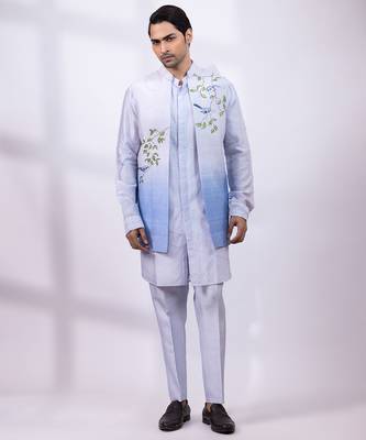 Powder blue ombre embroidered silk nehru jacket 2