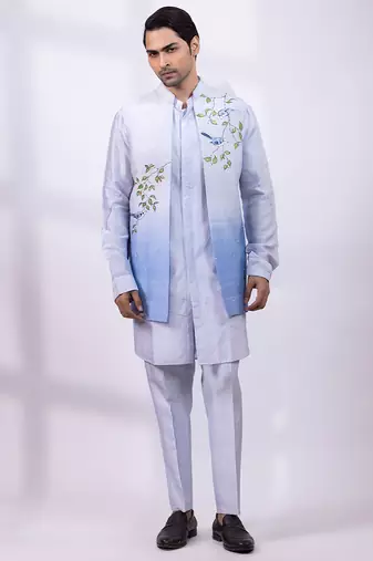 Powder blue ombre embroidered silk nehru jacket