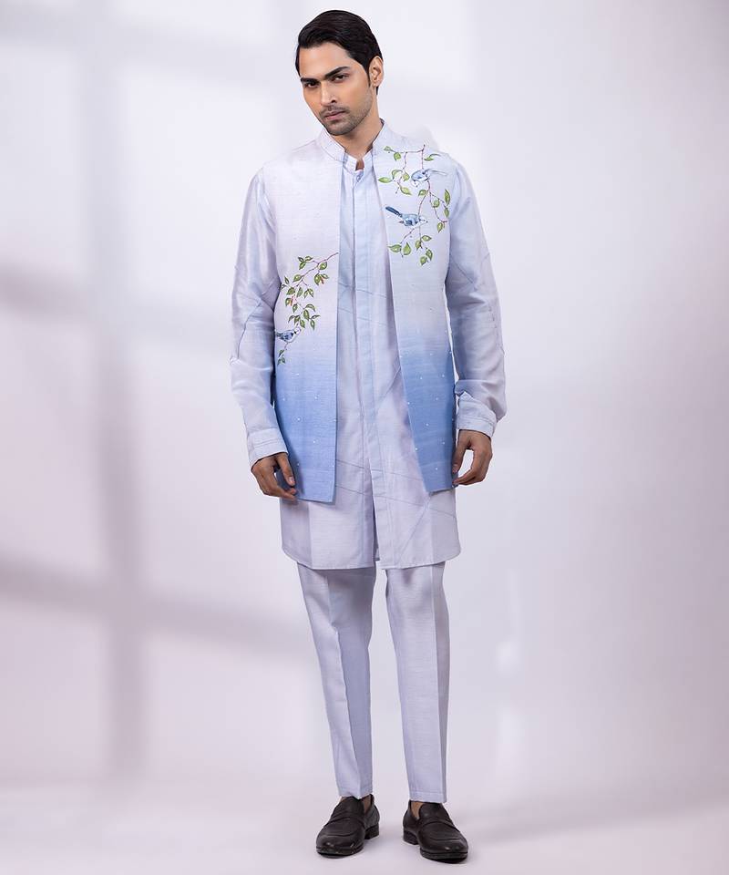 Powder blue ombre embroidered silk nehru jacket