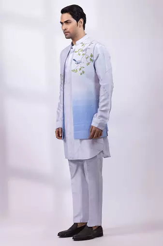 Powder blue ombre embroidered silk nehru jacket