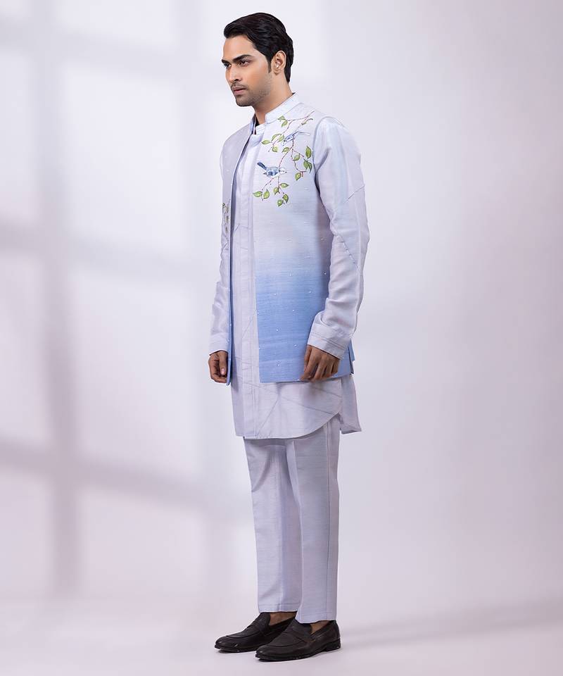 Powder blue ombre embroidered silk nehru jacket