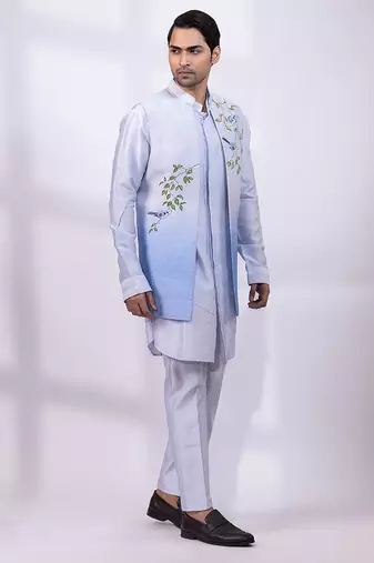 Powder blue ombre embroidered silk nehru jacket