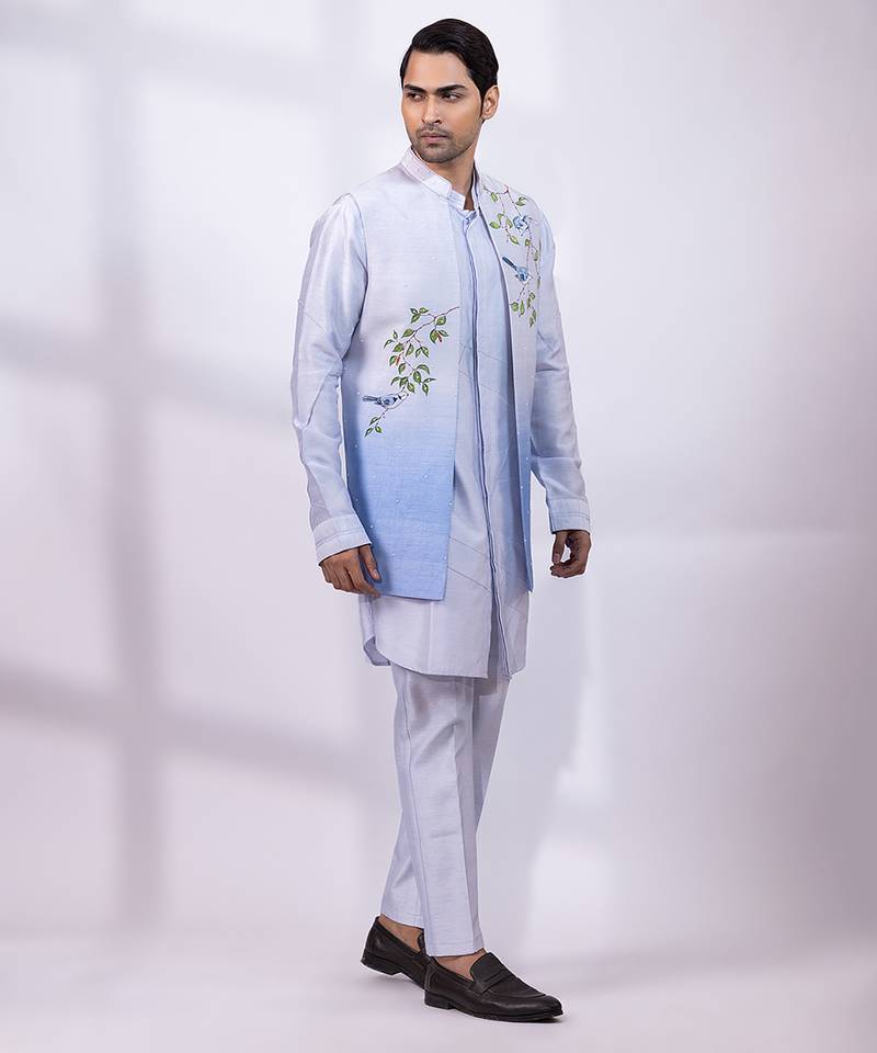 Powder blue ombre embroidered silk nehru jacket