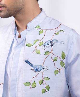 Powder blue ombre embroidered silk nehru jacket 5