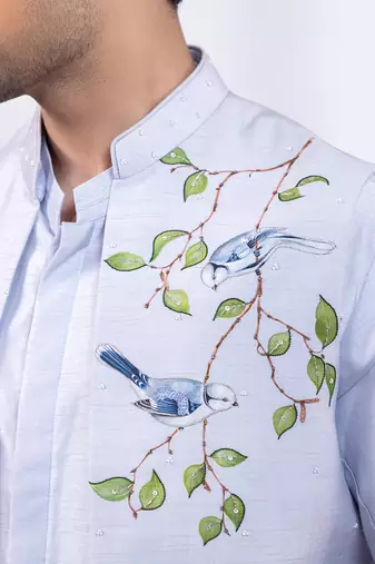 Powder blue ombre embroidered silk nehru jacket