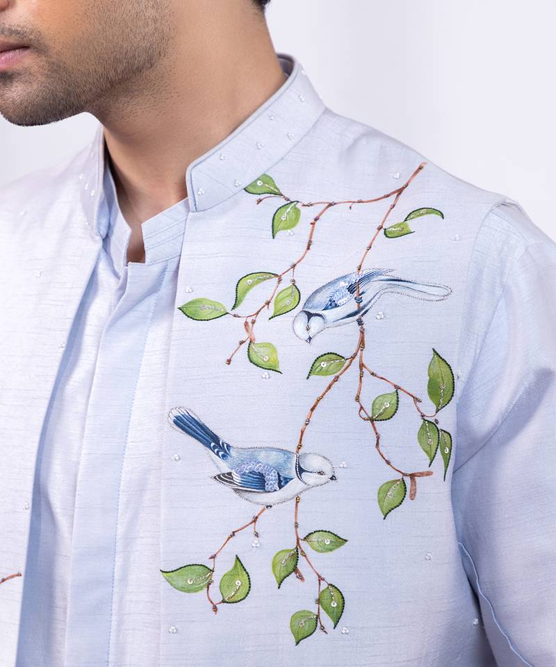 Powder blue ombre embroidered silk nehru jacket