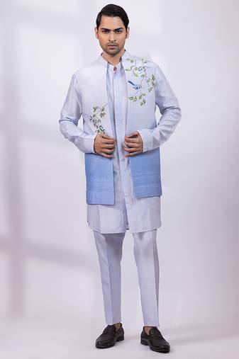 Powder blue ombre embroidered silk kurta jacket set