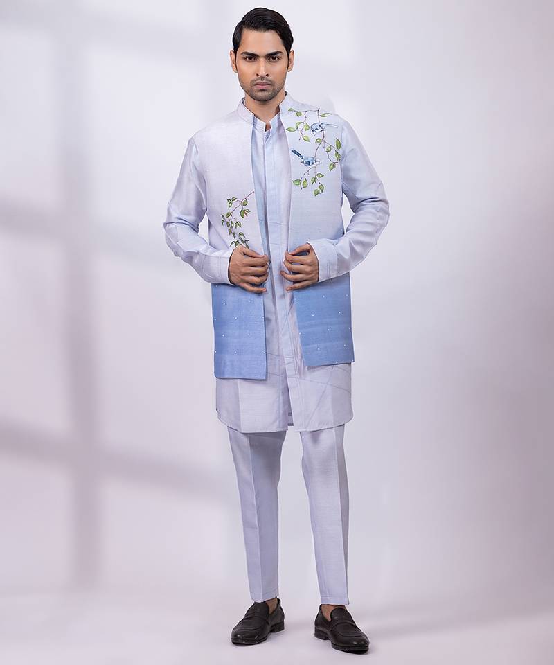 Powder blue ombre embroidered silk kurta jacket set
