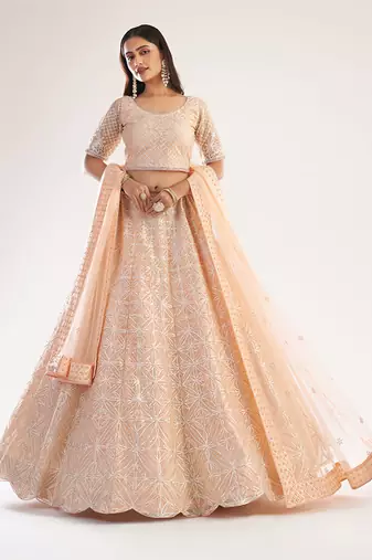 Peach Wedding Wear Embellished Heavy Butterfly Net Lehenga Choli
