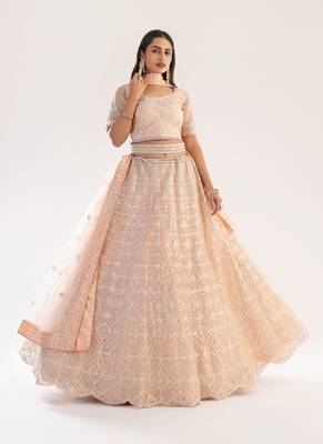 Peach Wedding Wear Embellished Heavy Butterfly Net Lehenga Choli 2