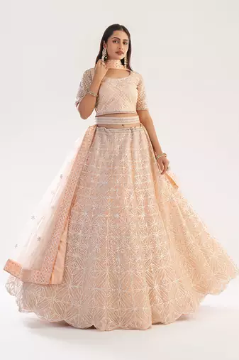 Peach Wedding Wear Embellished Heavy Butterfly Net Lehenga Choli