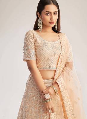 Peach Wedding Wear Embellished Heavy Butterfly Net Lehenga Choli 3