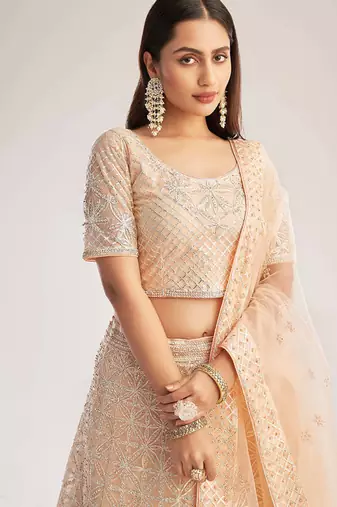 Peach Wedding Wear Embellished Heavy Butterfly Net Lehenga Choli